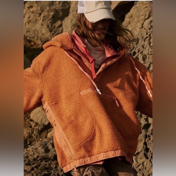 Free People Jackets & Blazers - Free People Fuzzy Was She Fleece Pullover Hooded Drawcords Orange